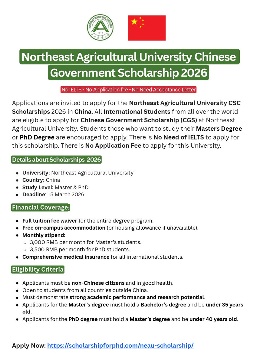 ScholarshipfPhd's tweet image. Northeast Agricultural University Chinese Government Scholarship 2026 | Study in China - Fully Funded (100+ Master and PhD Programs )

Apply: scholarshipforphd.com/neau-scholarsh…

Degree: Master &amp;amp; Ph.D

No Need IELTS - No Application Fee

Offers: Full Tuition, Monthly Stipend, Accommodation,…
