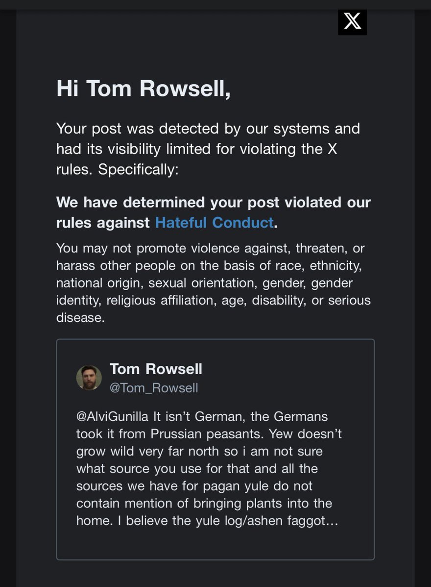 Tom_Rowsell's tweet image. X is classing ancient English Yule traditions as Hateful Conduct. @elonmusk please fix this