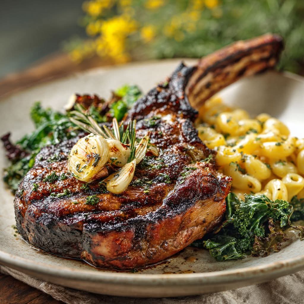 A perfectly seared Tomahawk steak, glistening with butter, herbs, and roasted garlic, charred edges and juicy marbling, plated beside creamy golden mac ’n’ cheese and vibrant crisp greens.
#fypシ #letsfood #tomahawksteak #recipeoftheday #viralrecipe #recipe