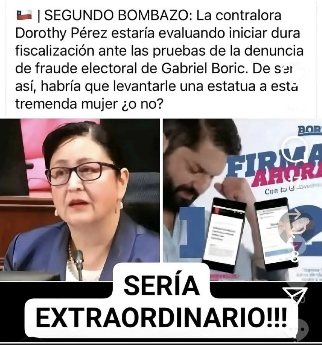 Cata_xlo_unico's tweet photo. EL MISIL ÉTICO QUE BORIC NO PODRÁ DETENER.

Bombazo de la contraloría, Dorothy Pérez evalúa seriamente una dura fiscalización ante las pruebas de la denuncia de fraude electoral de Gabriel boric.
Con una Corte Suprema tomada por manos negras comunistas, hasta marzo del 2026.

Que pasaría si le piden la renuncia a esta mujer?