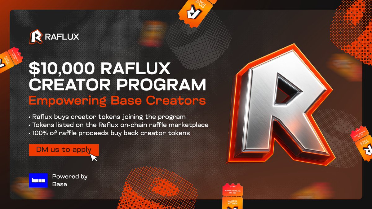 chukuemeka01's tweet photo. Attention all verified @base creators!!! ⚠️ 

 @Raflux_io is launching its official Creator Program,inspired by @jessepollak and backed by a dedicated $10,000 fund, designed to generate immediate demand and capital for your creator token.💫

HOW IT WORKS?

➲ Raflux will directly purchase a supply of your creator token once you are accepted into the program.
➲ These purchased tokens are immediately listed on the Raflux on-chain raffles marketplace, putting your project in the spotlight.
➲ When your featured raffle sells out, all of the proceeds are used for a strategic buyback of your creator token.
This means you benefit from initial liquidity and a guaranteed mechanism for 100% of sales revenue to flow back into your token's value.

To apply and get started, simply DM @Raflux_io
Don't wait...leverage this opportunity to spotlight your creativity and grow with the community 🔥