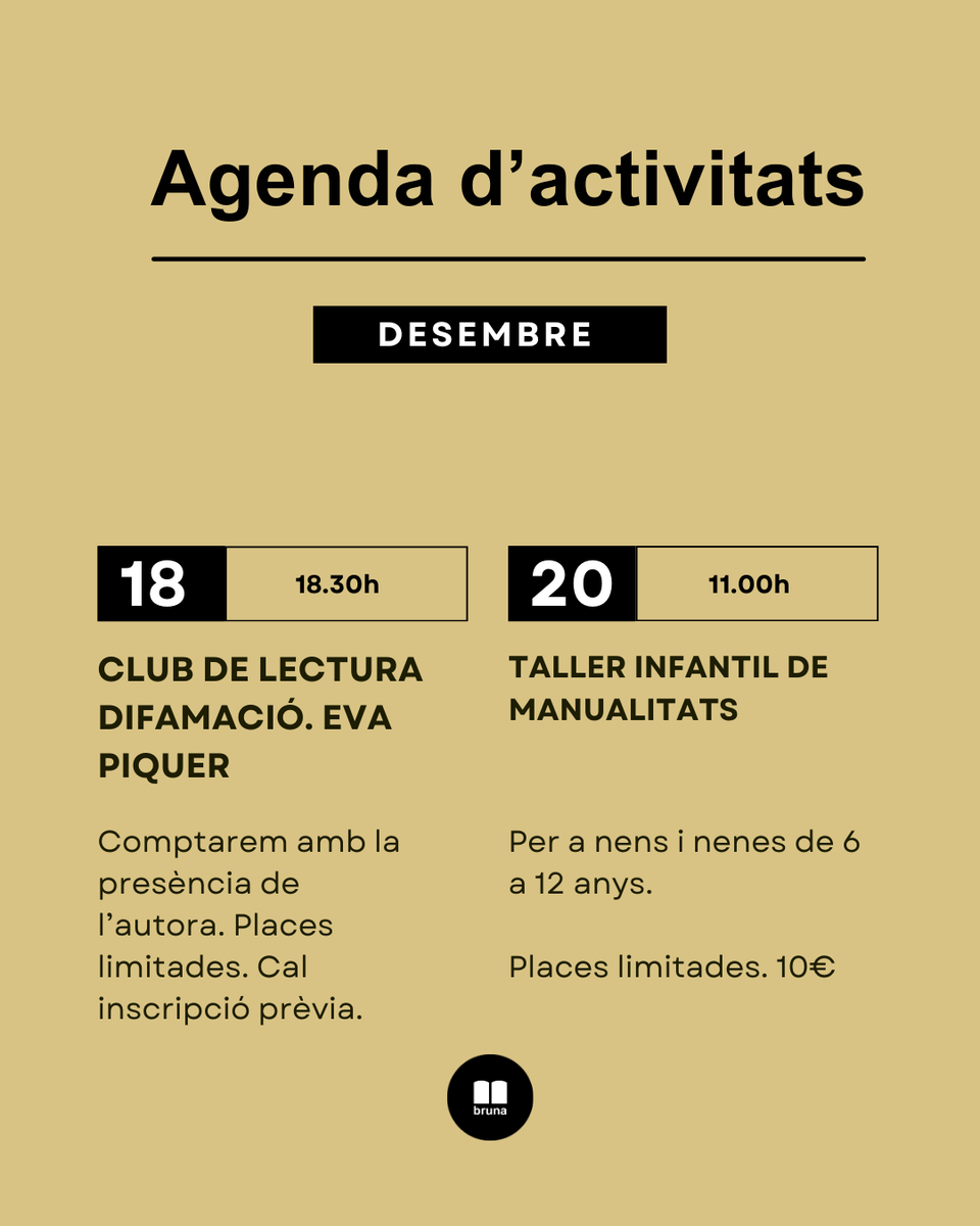 LlibreriaBruna's tweet photo. Últimes activitats de l'any! 🌟🌟

18/12 Club de lectura amb Eva Piquer
20/12 Taller de manualitats infantils

Us hi esperem!

#llibreriabruna #altafulla https://t.co/nNu8co8Sc2
