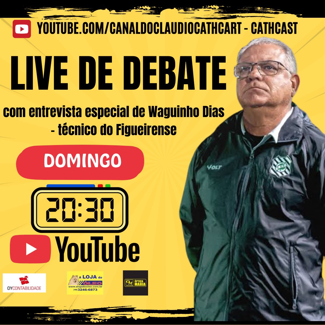 Bom dia, turma! Hoje, domingo 20h30, temos no Cathcast no YouTube a nossa tradicional live de debate, e, no primeiro bloco, teremos uma entrevista com Waguinho Dias, treinador do Figueirense. Depois vamos tratar do mercado da bola! Aguardo todos vcs! youtube.com/live/pjY1tCQS3…