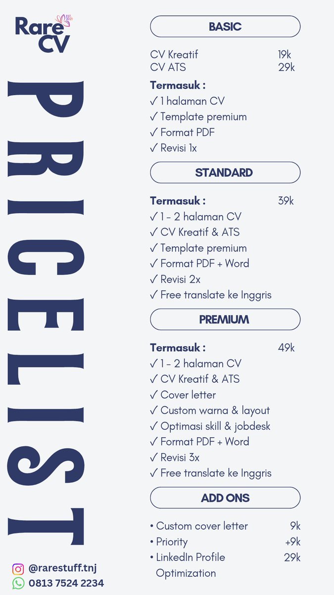 rarestufft's tweet photo. Btw buat yg mau upgrade CV, bikin CV baru tp gak ada waktu bisa lgsg kesini
#lokerbandung #jasacv #jobseeker #nganggur https://t.co/3wZV3gcHe2