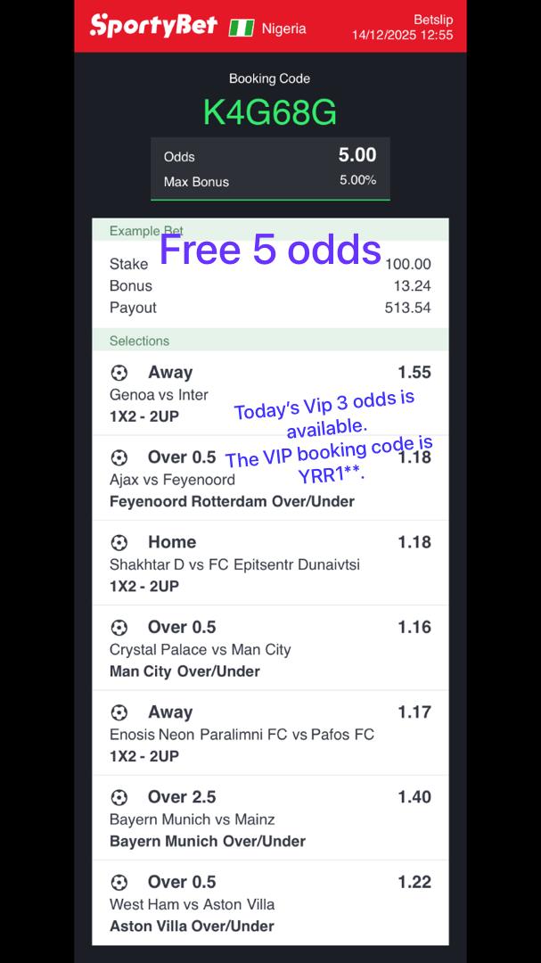 sureodds_'s tweet photo. Free 5 odds.
Today’s Vip 3 odds is available.
The VIP booking code is YRR1**. https://t.co/0QtDfpQpKY