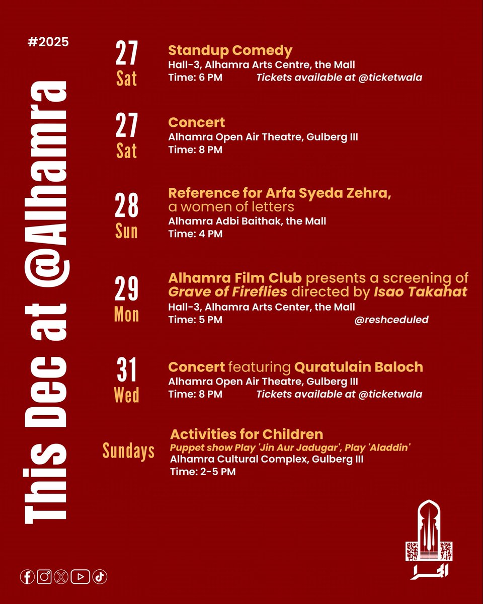 AlhamraLAC's tweet image. الحمرا آیےاکٹھے مل کر خوشیاں منائیں۔
دسمبر کے آخری دو ہفتوں کا پروگرام جاری کر دیا ہے۔

#2025 #Alhamra
 @GovtofPunjabPK