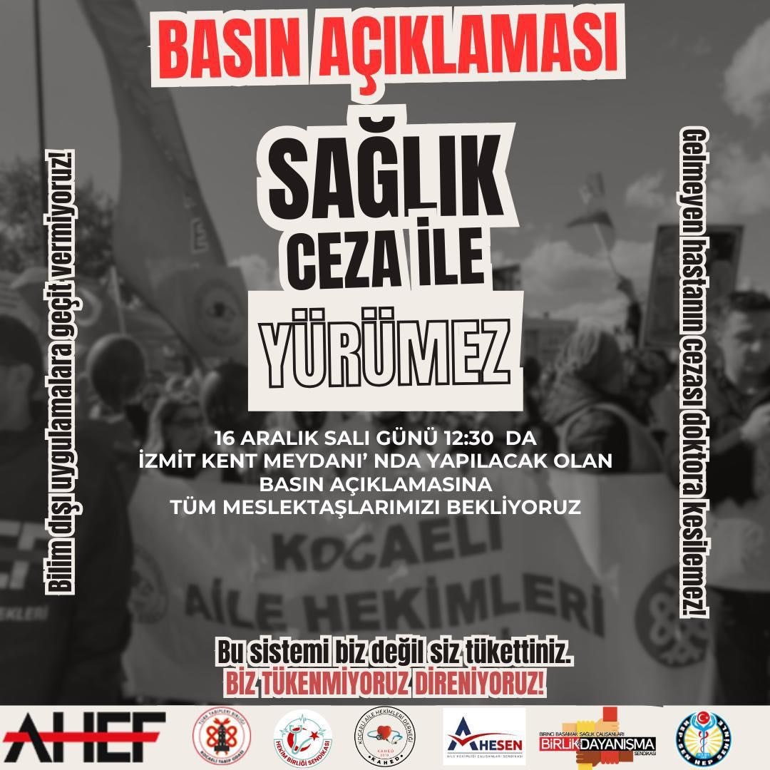 TtbAhk's tweet photo. KOCAELİ 

BASIN AÇIKLAMASI 

Sağlık Ceza İle Yürümez!

16 Aralık Salı Günü Saat 12.30 

İzmit Kent Meydanı https://t.co/As06VuSj7L