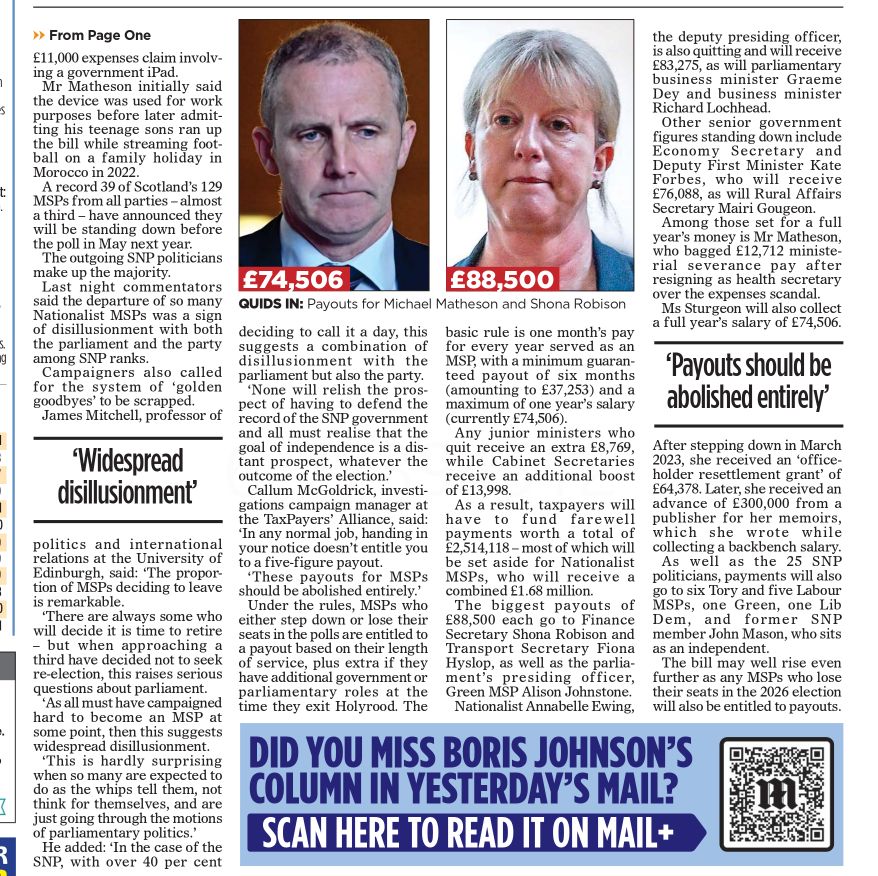£1.7 MILLION of taxpayers’ cash for SNP MSPs walking away from failure.

Up to £88k each as a “golden goodbye”.

A total disgrace — reward incompetence, punish the public.

Is anybody happy with that?