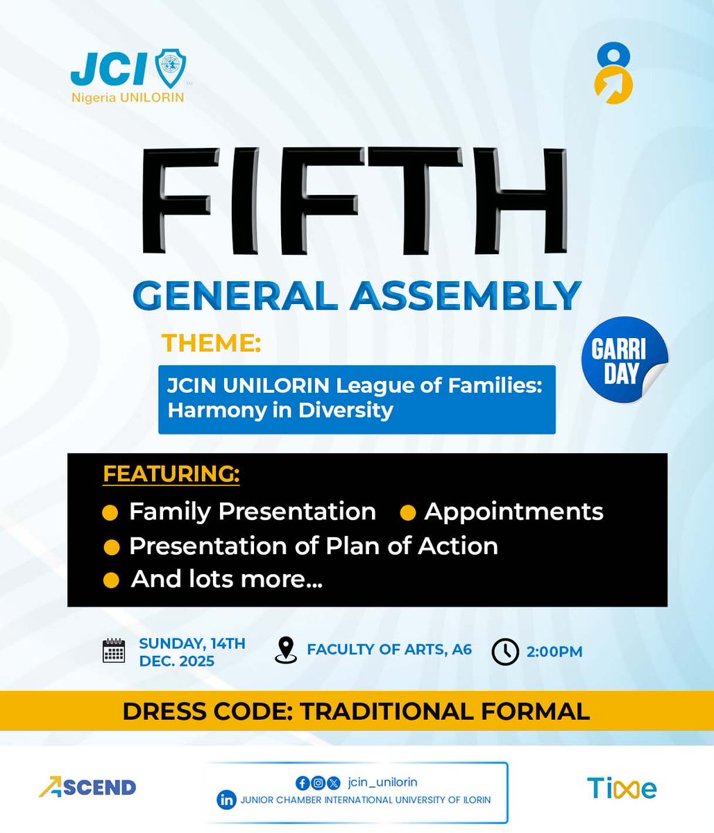 JCIN_UNILORIN's tweet image. Our 5th General Assembly is here — a moment of alignment and shared direction for JCIN UNILORIN🤗.

With the theme “League of Families: Harmony in Diversity”, we come together to connect, align, and set the pace ahead, as we also celebrate Garri Day🎉.

#TIME
#Ascend
#ELV8
#JCI