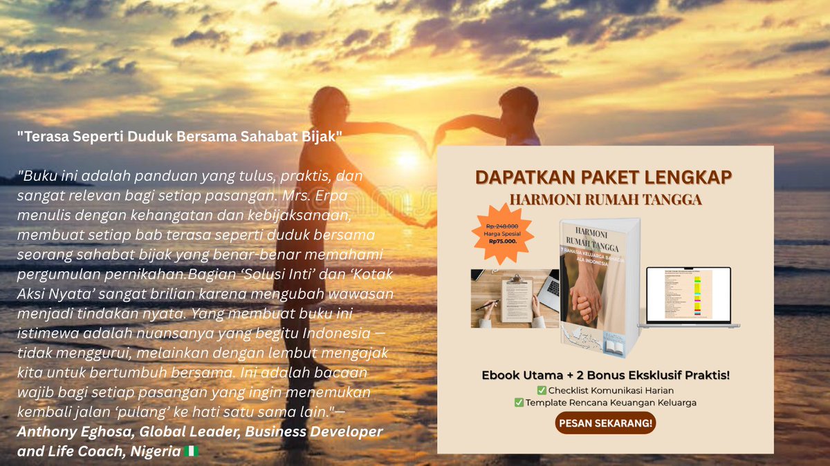 PracWisdom_En's tweet photo. Halo keluarga X! 🏡💞 

Saya ERPA, penulis "Harmoni Rumah Tangga: 7 Rahasia Keluarga Bahagia ala Indonesia". Solusi sederhana untuk ribut kecil, komunikasi hambar, sampai stres keuangan—langsung bisa dicoba malam ini.

Rahasia #1: 'Jembatan Hati' 💬 https://t.co/syqo8L3tzm