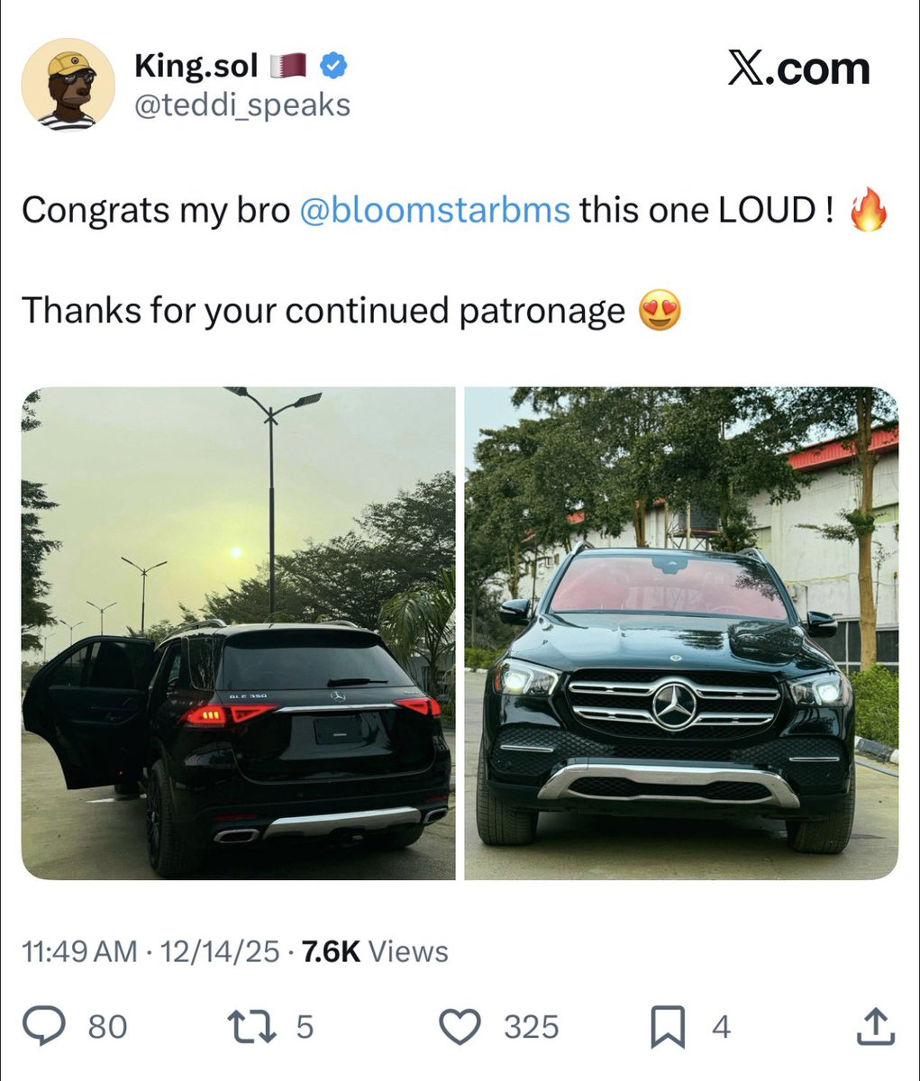 Bloomstar Bms a renowned Global Crypto trader and Web3 educator just bought a GLE worth 10 billion naira 😳

What does BMS do for a living to be able to buy a 10 billion naira Benz 😱

Involve meeeeeeeeeeeeeeeeeeeww
