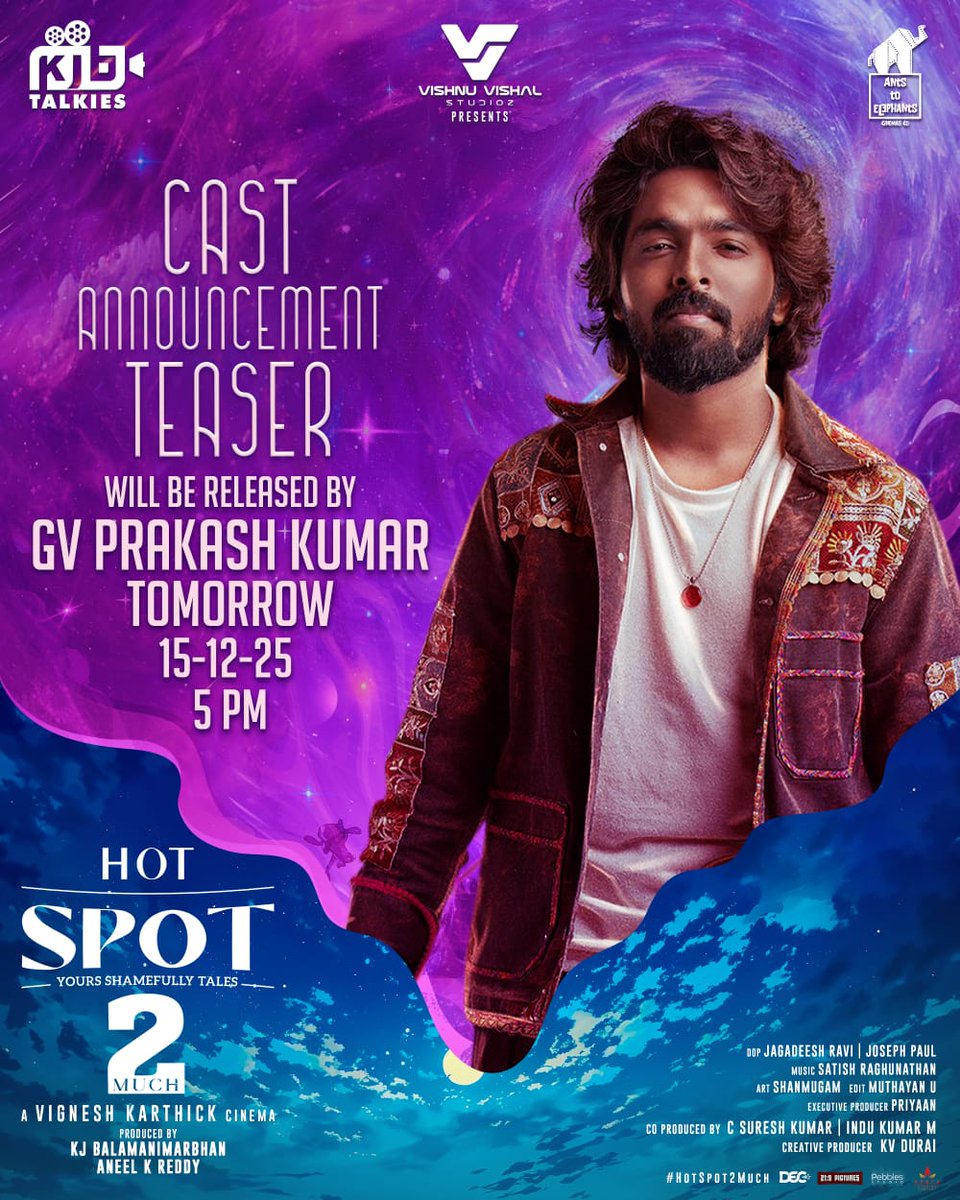 PrakashMahadev's tweet photo. A new reveal from the world of #Hotspot2 🎬

Cast announcement teaser out tomorrow, unveiled by @gvprakash ❤️

@KJB_Talkies @vikikarthick88  @KJB_iamBala @VVStudioz @thevishnuvishal https://t.co/Z5dIoNzsZ1