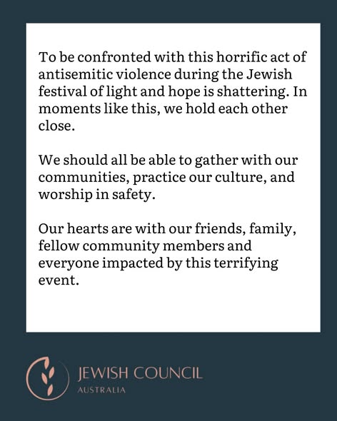 JVoiceLiberatio's tweet photo. We  share the Jewish Council of Australia's horror at this shooting.  Whatever the extreme level of violence suffered by civilians in Gaza, it  is no excuse for the murder of uninvolved civilians thousands of miles away. #bondi