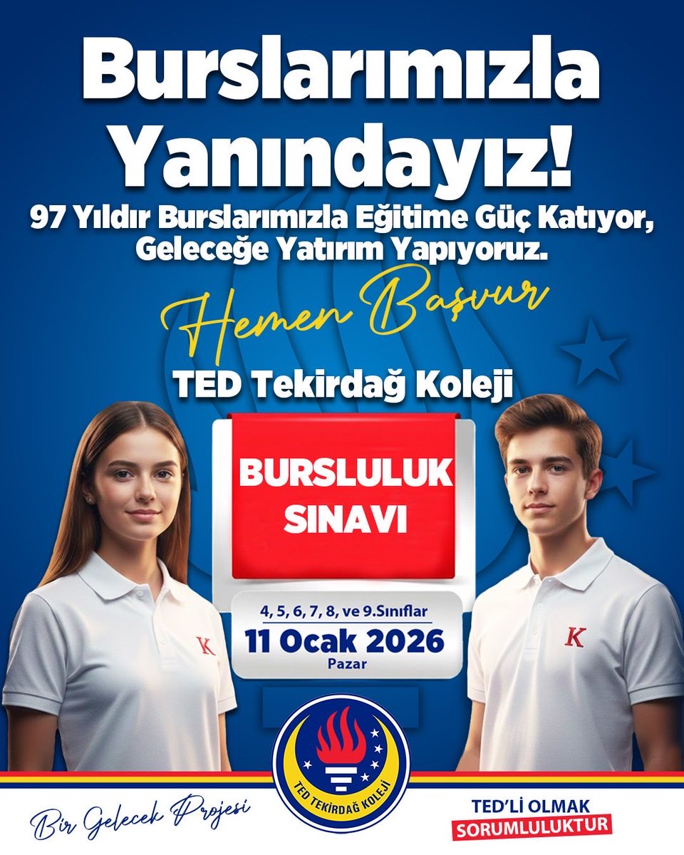 TedTekirdag's tweet photo. Burslarımızla Yanındayız!
97 yıldır burslarımızla eğitime güç katıyor, geleceğe yatırım yapıyoruz.

Hemen Başvur!
https://t.co/9u1DIJCM2N

📍Tarih: 11 Ocak 2026, Pazar
📍Yer: TED Tekirdağ Koleji https://t.co/LurHykNE33