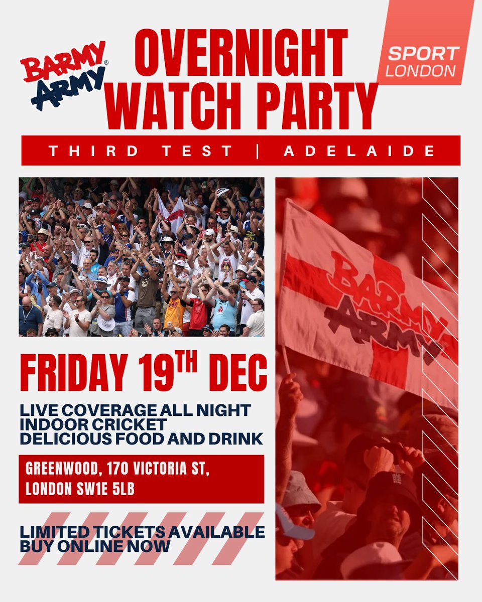 🚨 UK ASHES WATCH PARTY 🚨

Watch the third #Ashes Test alongside fellow England fans at Greenwood Pub &amp; Kitchen in London 📺

Ticket includes food &amp; drink and guaranteed seating at the venue 🏴󠁧󠁢󠁥󠁮󠁧󠁿

Plus, everyone who books a ticket can play indoor cricket at the venue! 🏏

Book now