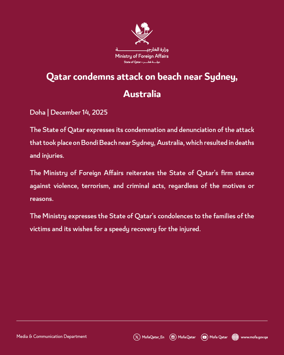 MofaQatar_EN's tweet photo. Statement | Qatar condemns attack on beach near Sydney, Australia

#MOFAQatar https://t.co/FAnHOScKGI