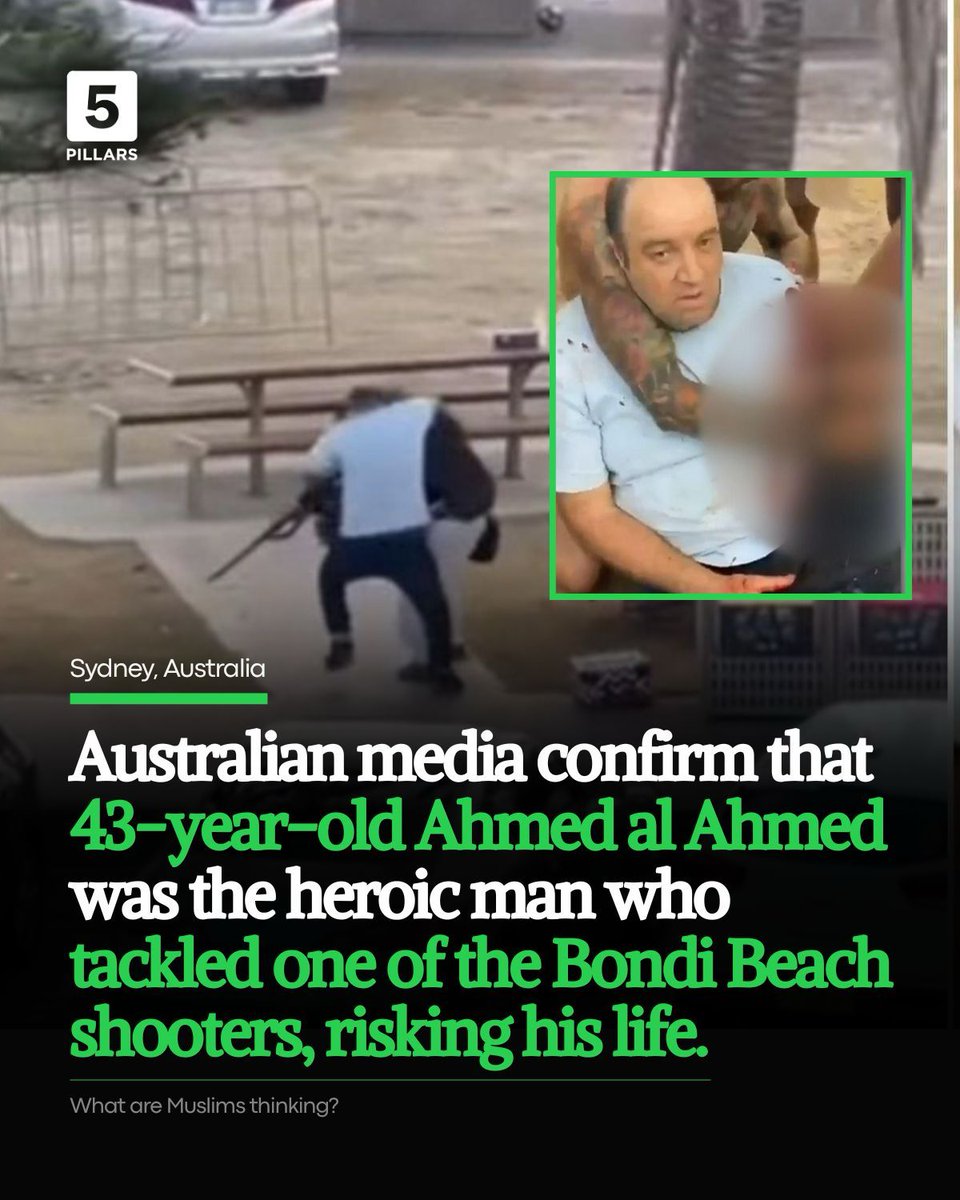 5Pillarsuk's tweet image. BREAKING: Australian media has confirmed that 43-year-old Ahmed al Ahmed was the heroic man who tackled one of the Bondi Beach shooters, risking his life to snatch the gun and prevent further loss of life. 

He has since been hospitalised. His cousin told reporters that the dad…