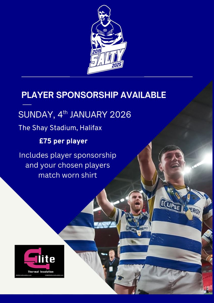 HalifaxPanthers's tweet image. 3 WEEKS TO GO until our first outing of the 2026 season as we welcome @RochdaleHornets to The Shay for a pre season match up on Sunday 4th January 3pm KO 🔵⚪️🐾

The game will be the final celebration of James Saltonstall's Testimonial. Player Sponsorship is available, contact…