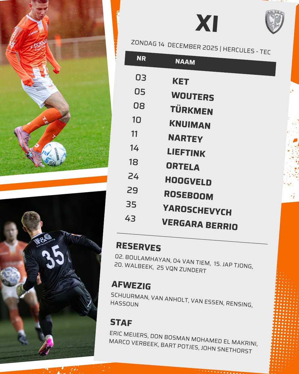 Met deze 11 gaat TEC om 14:00 uur van start tegen Hercules 
#hertec