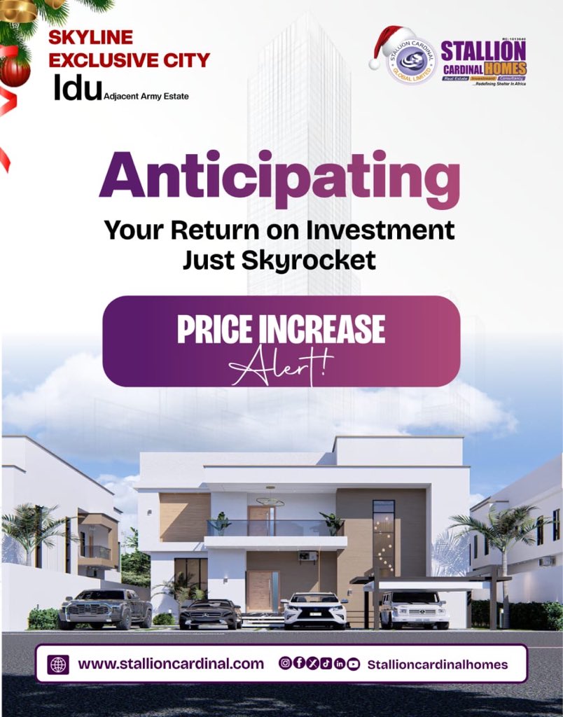 Stallioncard's tweet image. Your ROI just went sky-high🚀
Don't miss out, price increase loading at Skyline Exclusive City, Idu, Abuja.
The best time to invest was yesterday.
The next best time is now.
#stallioncardinalhomes #smartinvestors
#realestategrowth #pricealert