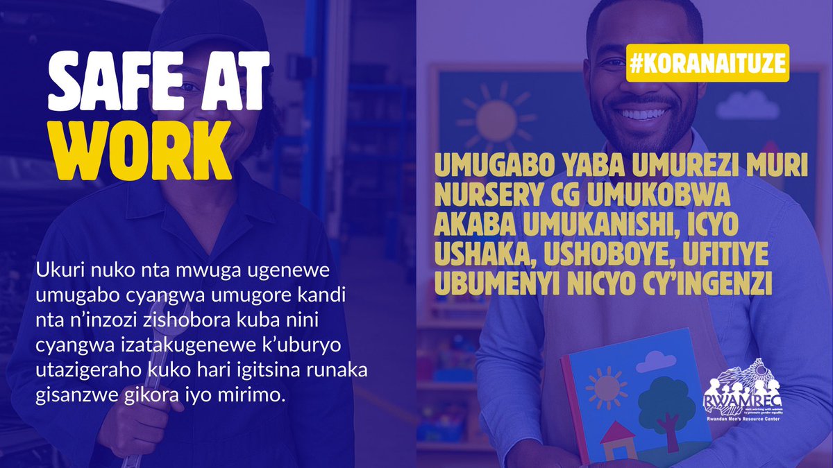 noellashyaka's tweet photo. Hari imyumvire ikiri mu bantu ivuga ko hari imirimo igenewe abagabo indi igenewe abagore, bigatuma bamwe bitinya gukurikira inzozi zabo. Nyamara ukuri ni uko nta mwuga ugenewe igitsina runaka.
Urugero: umugabo ashobora kwigisha muri Nursery kandi akaba umurezi mwiza wita ku bana nk’uko n’umugore yabikora.
Icy’ingenzi ni impano yawe, ubumenyi, n' ubushake bwo gukora icyo ukunda.
Wibuke kandi ko umutwe umwe wigira inama yo gusara. Shaka abagutera imbaraga, wigire kuba kurusha ubunararibonye, wemere kugirwa inama. Ibyo byose ni byo bizagufasha kugera kure.
#SafeAtWork #KoraIbikwiye #BaIntangarugero