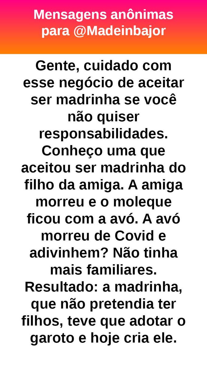 madeinbajor's tweet photo. #bajo29658
Uai mas na teoria a madrinha é pra isso mesmo, em caso de faltar a mãe, a madrinha cuida. Por isso tem que escolher alguém que vc sabe que vai amar o seu filho. https://t.co/Qd5I6zxNgv