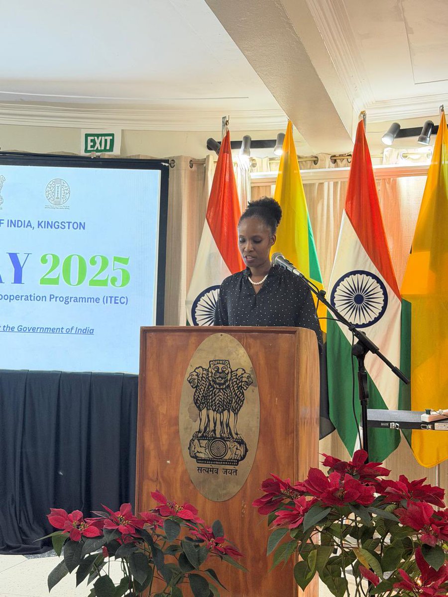 hcikingston's tweet photo. Glimpses of ITEC Day 2025 @hcikingston : 

@hcikingston celebrated Indian Technical & Economic Cooperation  #ITEC Day  2025 on 12 December with over 50 alumni from public and private sectors across Jamaica. 

High Commissioner @mayajoshi highlighted ITEC programme as a key pillar of India–Jamaica capacity building and development cooperation

Ms. Nicholette Williams, Director at Jamaica’s Ministry of Foreign Affairs & Foreign Trade, @mfaftja spoke on India- Jamaica capacity building and deepening ties. 🇮🇳 🇯🇲 

Over 50 ITEC alumni participated & shared their memories of valuable ITEC experiences.

🎦 Videos on Viksit Bharat and India’s  Investment Leap were screened to share ongoing developments in India . 

//🇮🇳 India-Jamaica Development Partnership 🇯🇲//

#IndiaJamaica 🇮🇳🇯🇲