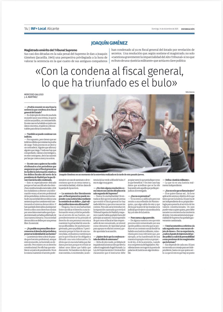 VickyRosell's tweet image. Joaquín Giménez, magistrado jubilado de la Sala Penal del Tribunal Supremo.

Sí, derogar los aforamientos limpia de contaminación política la sala 2ª.

Y algo que creo que nadie ha dicho antes: la convicción de que si el FGE hubiera dimitido, se habría archivado el proceso.
