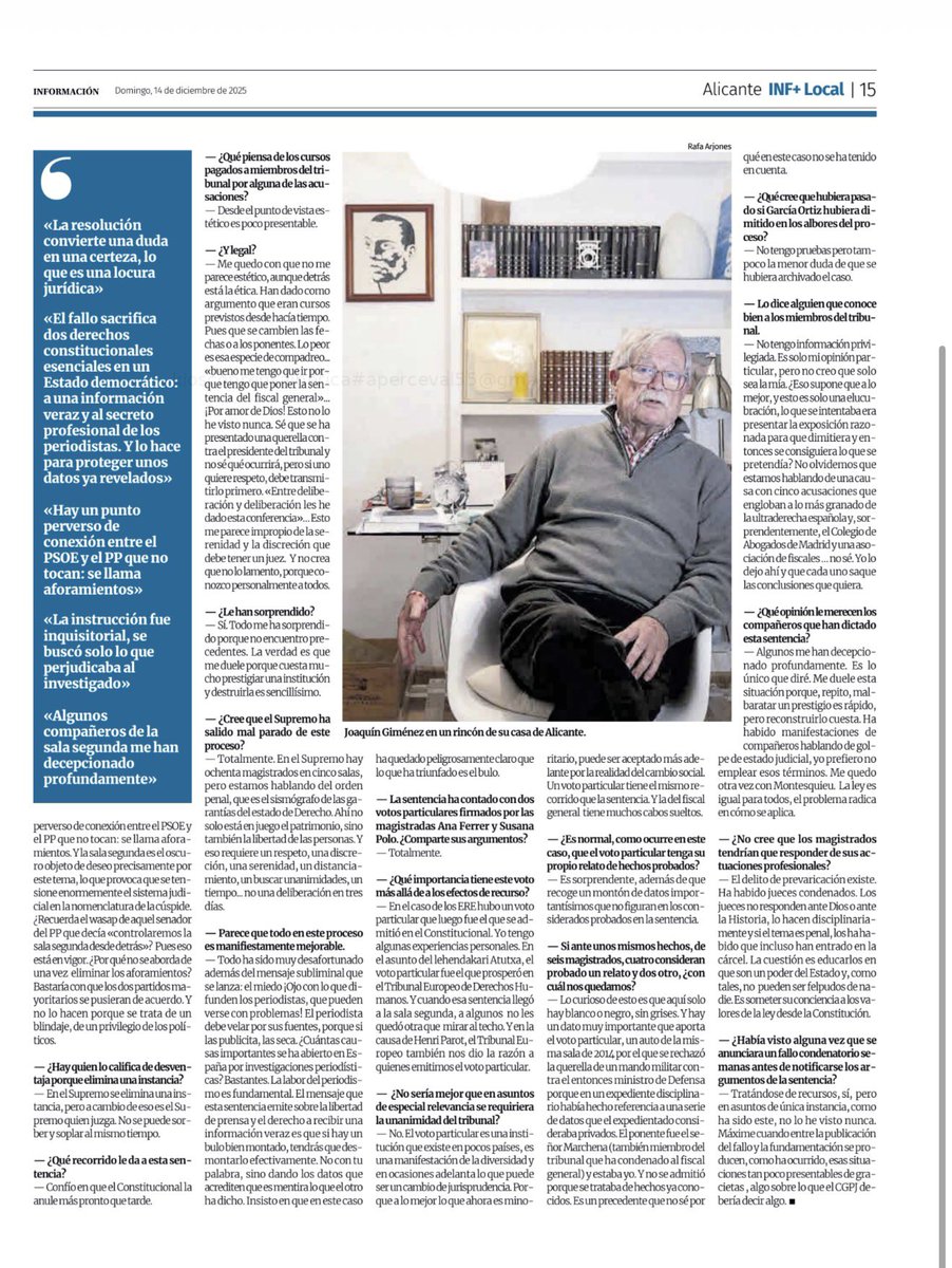 VickyRosell's tweet image. Joaquín Giménez, magistrado jubilado de la Sala Penal del Tribunal Supremo.

Sí, derogar los aforamientos limpia de contaminación política la sala 2ª.

Y algo que creo que nadie ha dicho antes: la convicción de que si el FGE hubiera dimitido, se habría archivado el proceso.