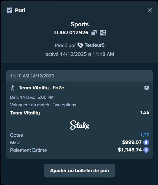 teufeurs's tweet image. Si vita gagne, je donne tout ce que je gagne dans les RT.

Bon, voilà mon vrai ticket, j'avais mis 1000$ et j'ai juste inspecter l'élément, et j'ai rajouter des zéros, faites attention à ce que vous voyez sur internet, niveau paris sportifs etc, tout est falsifiable, le seul truc…