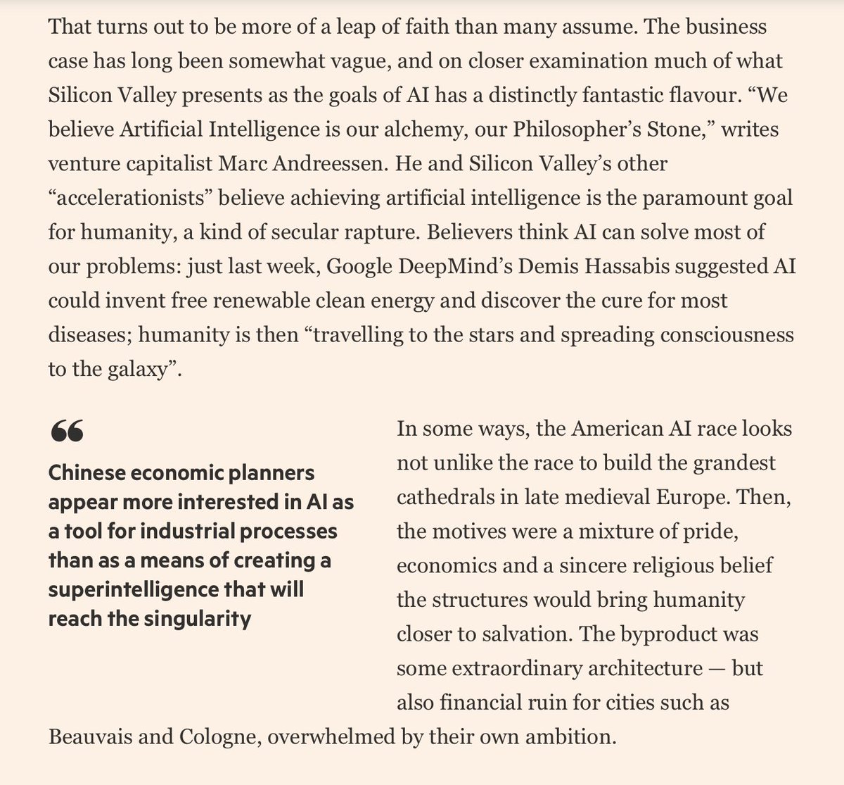 Cet article du FT -Could America win the AI race but lose the war? -  est l'un des plus brillants de tout ce que j'y ai lu au cours de cet année. Ecrit par Tim Wu, l'ancien conseiller de Biden en matière technologique, il observe combien l'univers de l'IA remet au goût du jour