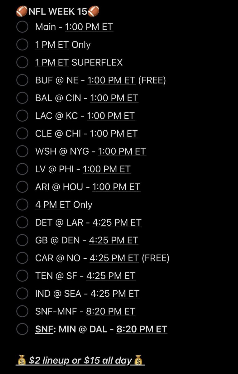 🏈🔥 NFL WEEK 15 IS LOADED 🔥🏈

Lineups for every slate: Main / 1PM Only / 1PM SUPERFLEX / 4PM Only / SNF–MNF / ALL single Games ✅

Plus a couple FREE single-game drops mixed in 👀

💰 $2 per lineup or $15 ALL DAY 💰

#NFL #NFLPicks #NFLDFS #Fanduel #DFS #Redzone