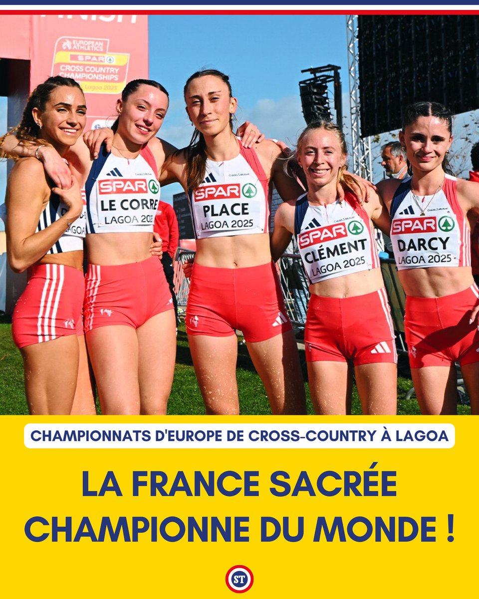 sportricolore's tweet photo. 🇫🇷 Championnes d'Europe 🤩

Superbe performance collective de notre EDF U23 aux championnats d'Europe de Cross-country à Lagoa 🥇

🥇 Nélie Clément
🥇 Kira Weis
🥇 Julia David Smith
🥇 Camille Place
🥇 Jade Le Corre

📸 KMSP / FFA https://t.co/WAt70aJTov