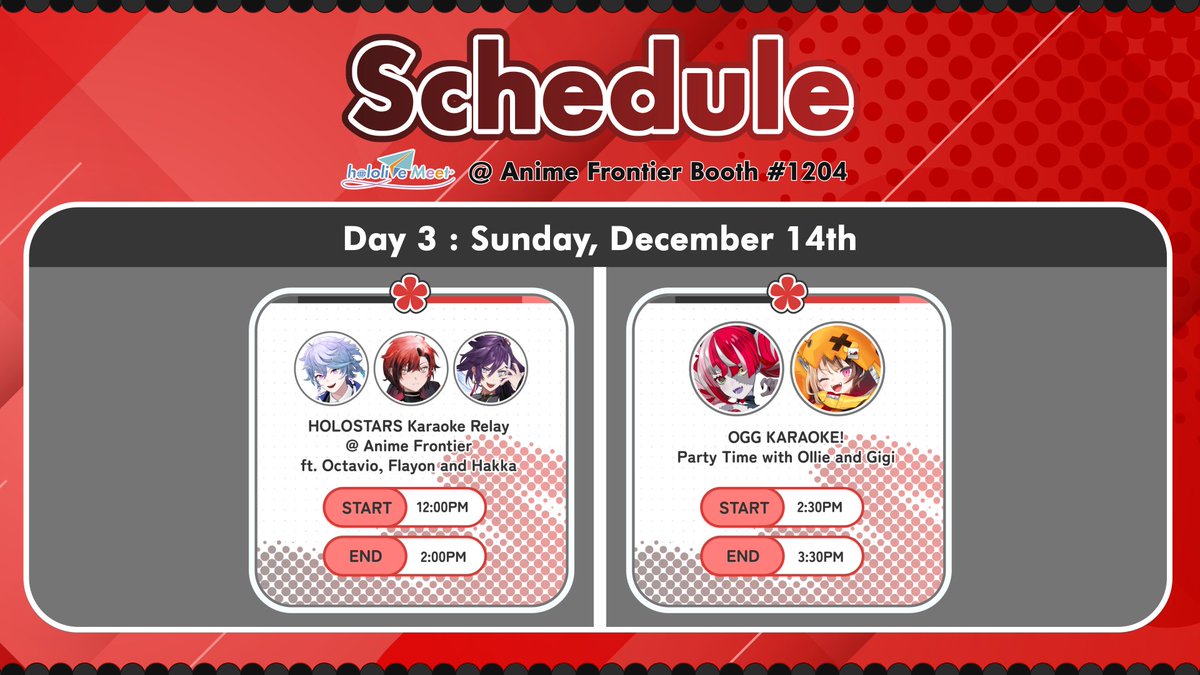 ✈️ #hololiveMeet ✈️

It's the last day of Anime Frontier! 🤠
Let's make it count! 🙌

Now's your last chance to collect your Memorial Stamp, Postcard, and the hOCG Promo Card! 
Find our panel schedule for the booth below 📌

#AFDay3
