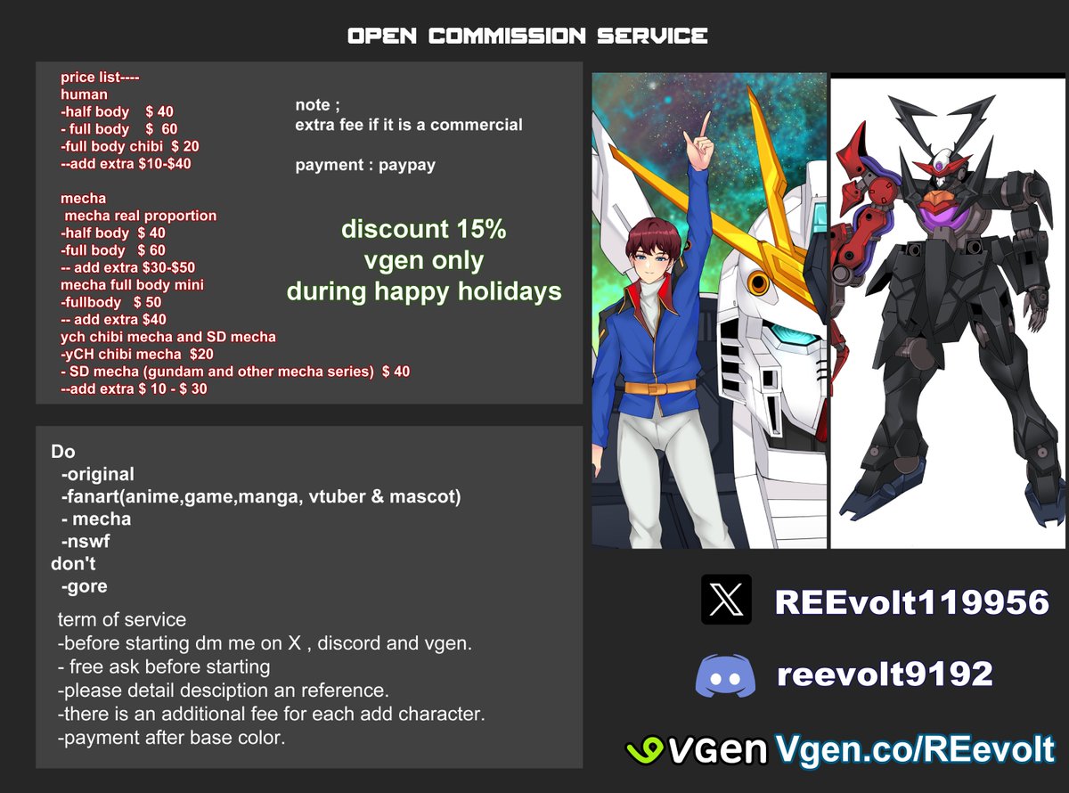 open commission services   (⁠.⁠ ⁠❛⁠ ⁠ᴗ⁠ ⁠❛⁠.⁠)   
15% discount happy holiday for vgen
( Retweet  are really apprecited) free to ask  DM  x or  Discord , or vgen  #opencommission #commissionsopen #commisionart #Commission 
#VGenComms #VGenOpen