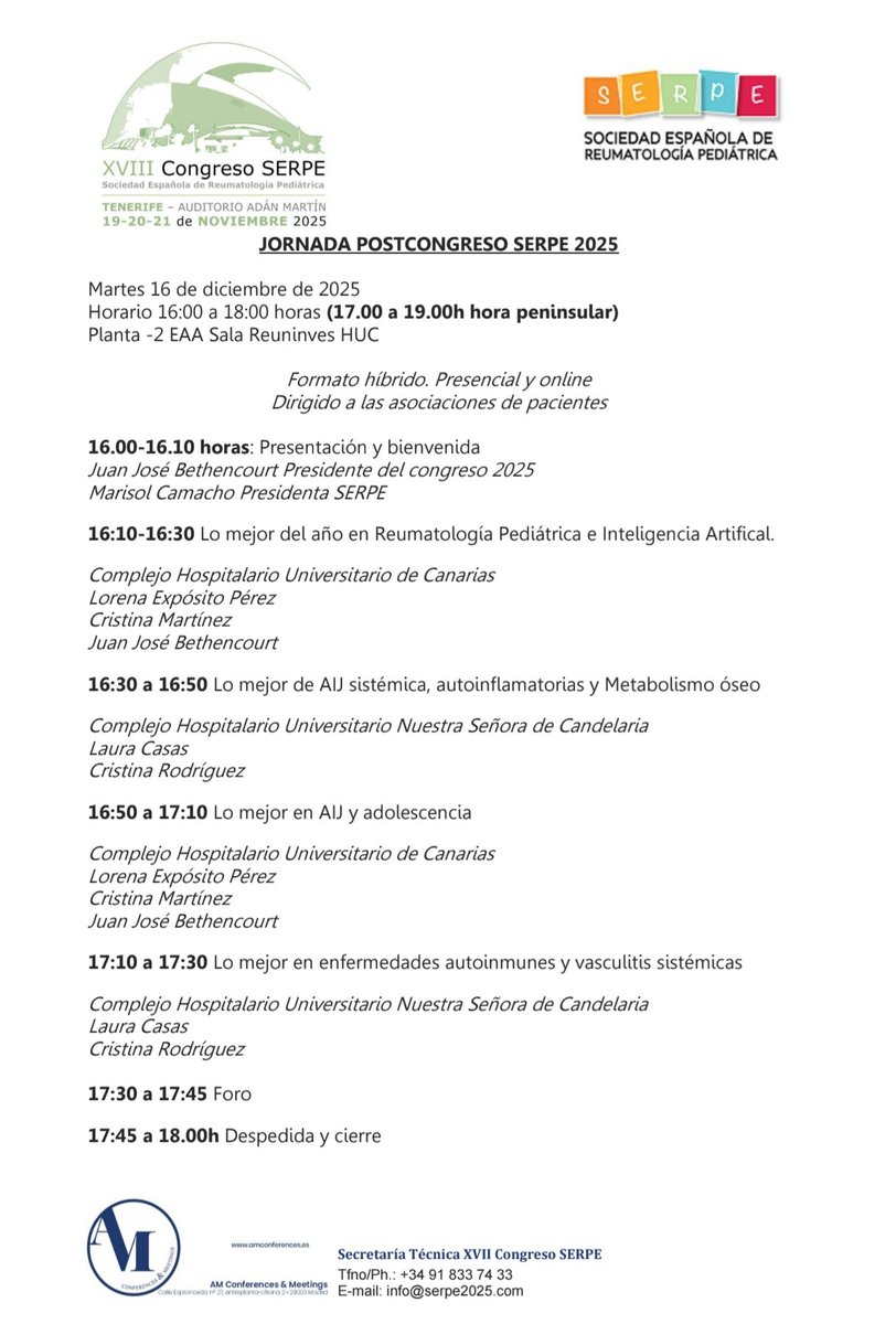 SERPE_ReuPed's tweet image. Jornada post congreso SERPE para asociaciones implicadas en enfermedades reumáticas pediátricas.  
🗓️Día 16 diciembre 
🏥 💻Formato híbrido 
🕓16:00-18:00 hora en Canarias
🕓17:00-19:00 hora peninsular

Inscripciones info@serpe2025.com