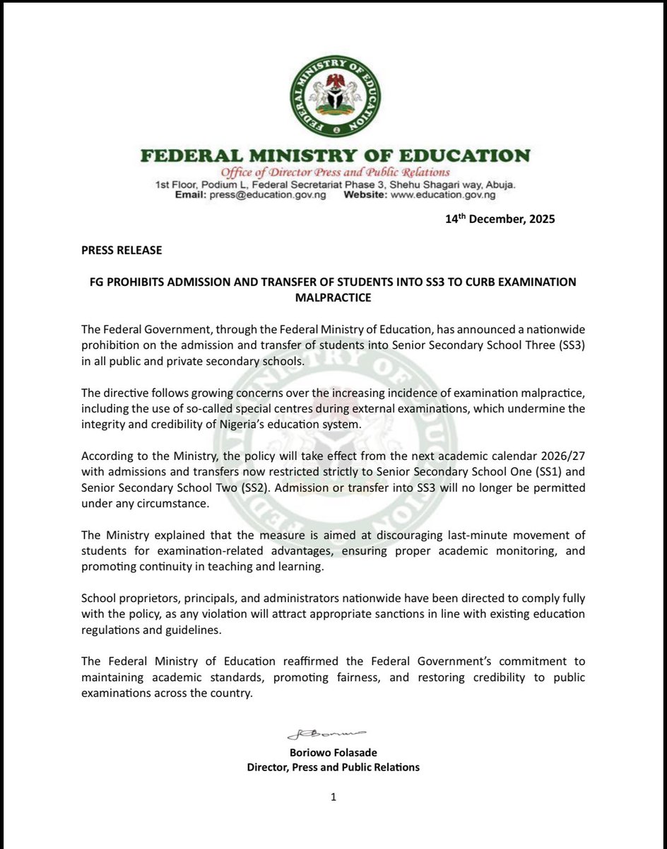 NigEducation's tweet image. Press Release