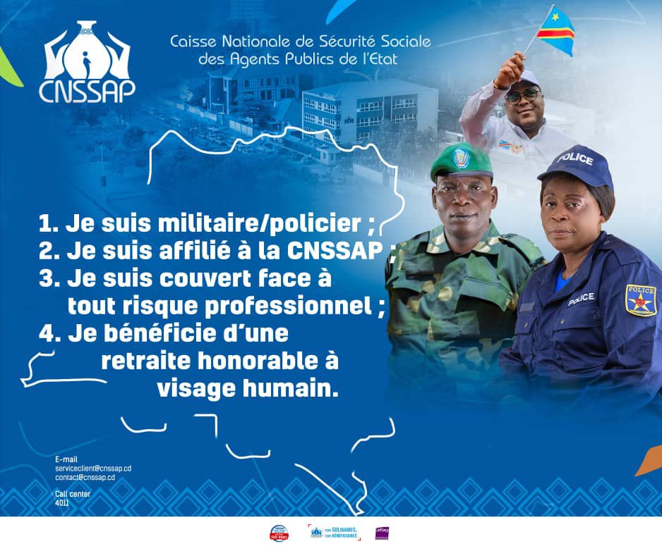 central_sage's tweet photo. 🇨🇩 #CNSSAP - FORCES DE DÉFENSE : LA RÉFORME DU CHEF DE L'ÉTAT, COMMANDANT SUPRÊME, SEM FÉLIX TSHISEKEDI, RÉTABLIT LA DIGNITÉ ET LE SOCIAL DES MILITAIRES ET POLICIERS, JADIS ABANDONNÉS

Le Président de la République, Chef de l’Etat et Commandant suprême, Son Excellence Félix-Antoine Tshisekedi Tshilombo, ne ménage aucun effort pour apporter une véritable correction historique, en mettant fin à des décennies d’indignité et de précarité qui ont marqué la vie des militaires et policiers:
- le temps où leur mise à la retraite signifiait abandon et misère est désormais révolu ;
- ⁠le temps où les militaires et policiers invalides, blessés ou amputés, étaient contraints de mendier faute de prise en charge appartient à l’histoire ;
- ⁠le temps où les veuves et orphelins des militaires et policiers étaient laissés à leur triste sort, plongés dans le désespoir, est derrière nous.

Désormais, la République garantit aux militaires et policiers, ainsi qu’à leurs ayants droit un filet de sécurité sociale digne, protégé et solidaire ; à travers le régime spécial de sécurité sociale, géré avec rigueur par la CNSSAP.

CNSSAP - Tous solidaires, Tous bénéficiaires !