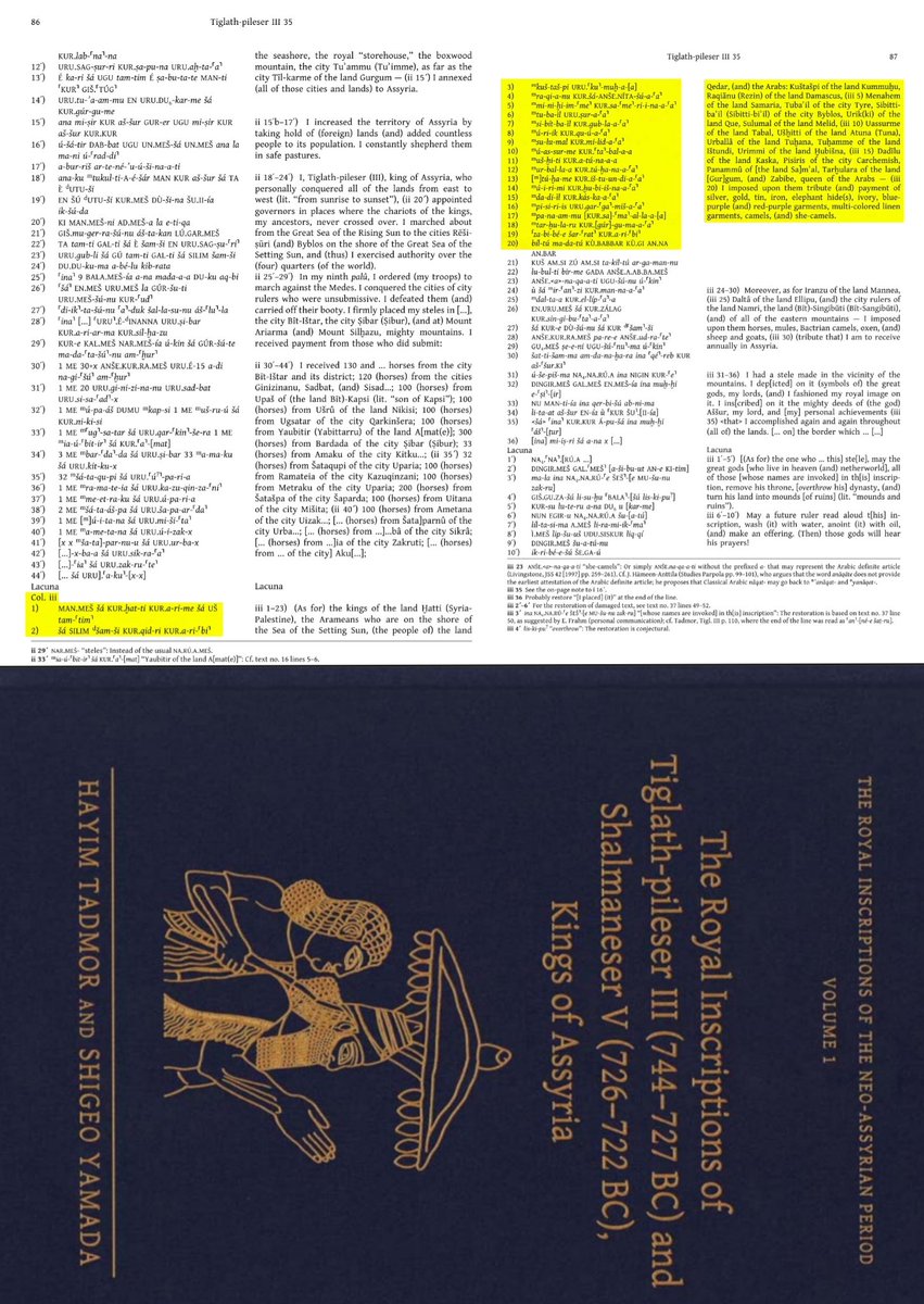 التفريق بين العرب و القيداريين في نقوش تغلث فلاسر الثالث.

فرض الآشوريون جزية على ملوك سوريا وفلسطين، والاراميين، وشعب ارض قيدار و العرب، و ملكة العرب زبيبة، منها المعادن النفيسة والملابس الفاخرة والإبل."