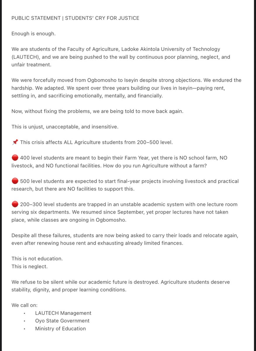 Oyin20510555's tweet photo. @ShinaPeller @oyostategov @vdmempire @OriyomiHamzat_
#LAUTECHAgricStudents
#SaveLAUTECHAgric
#EducationNotNeglect
#StudentsDeserveBetter
#StopTheUnfairRelocation
#FarmWithoutAFarm
#JusticeForAgricStudents
#OyoStateStudents
#FixOurEducation
#ListenToStudents https://t.co/xO2VTHioQg