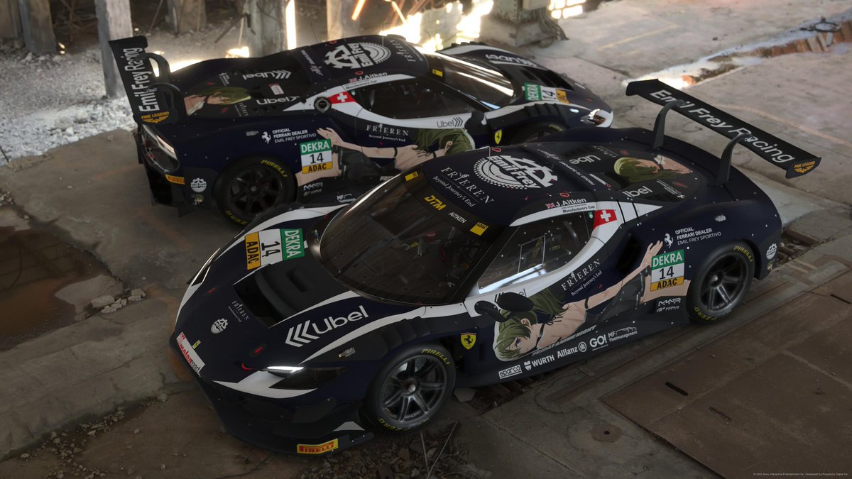 RAYNOS7630's tweet photo. GT3新車きたので、フリーレンからユーベルさん。最近の実車柄複雑になりすぎて段々題材が狭まっていく。。。
今回はDTMから持ってきてみたした。
自動ゼッケン対応品。えっっっさが出るように配置してみました（）　#gt7 　#gt7livery https://t.co/kVHUl40viL