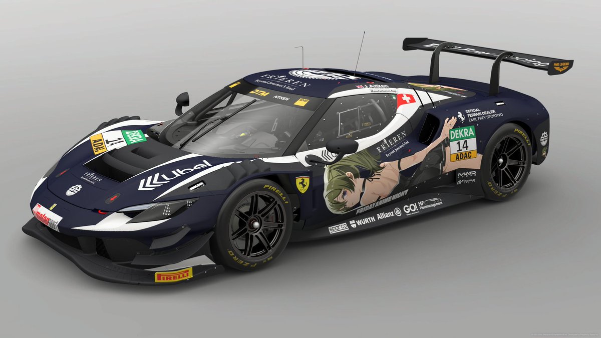 RAYNOS7630's tweet photo. GT3新車きたので、フリーレンからユーベルさん。最近の実車柄複雑になりすぎて段々題材が狭まっていく。。。
今回はDTMから持ってきてみたした。
自動ゼッケン対応品。えっっっさが出るように配置してみました（）　#gt7 　#gt7livery https://t.co/kVHUl40viL