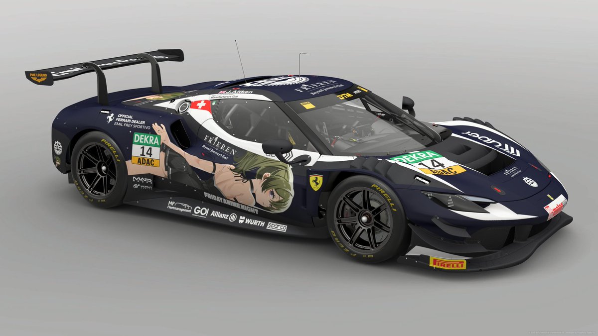 RAYNOS7630's tweet photo. GT3新車きたので、フリーレンからユーベルさん。最近の実車柄複雑になりすぎて段々題材が狭まっていく。。。
今回はDTMから持ってきてみたした。
自動ゼッケン対応品。えっっっさが出るように配置してみました（）　#gt7 　#gt7livery https://t.co/kVHUl40viL