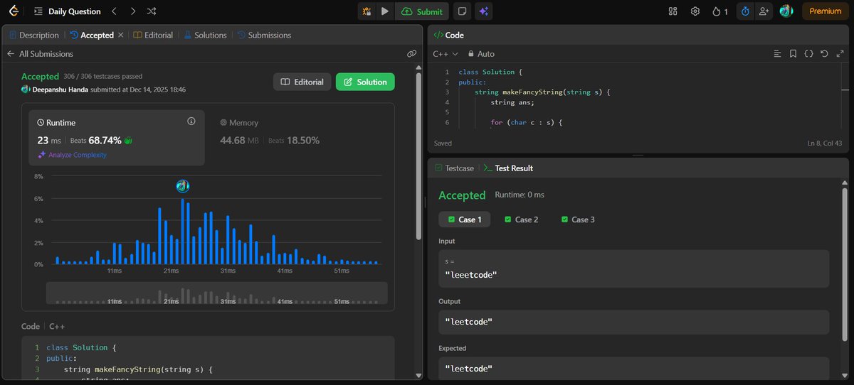 dEEPANSHU_656's tweet image. ✅Solved 1 LeetCode problem today
-&amp;gt; Delete Characters to Make Fancy String

#Day114ofCoding #LeetCode #DSA #CodingJourney
