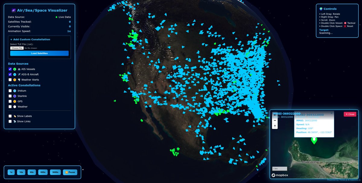 ElbaSatGuy's tweet image. HUD viewport shows Mapbox details for either AIS or ADS-B targets.

current snapshot of the USA region - blue for ADS-B and AIS is green

#threejs #adsb #ais  #avgeek #maritime