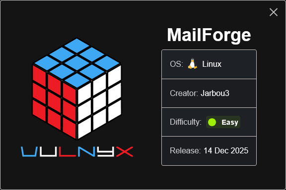vulnyxofficial's tweet photo. New VM | MailForge by Jarbou3
π (https://t.co/B8MK7SoSce)
#vulnyx #nyx #linux #ctf #pentesting #cybersecurity #infosec #hacking #redteam #boot2root https://t.co/mIBmRxkJgJ