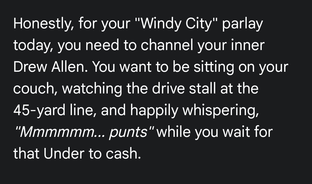 When you accidentally take the under in the Browns/Bears game in 2 different parlays, gemini suggests channeling your inner <a href="/thedrewallen_/">Drew Allen</a> and hope for alot of mmmmmmmmmmmm, punts!!!! 🤣