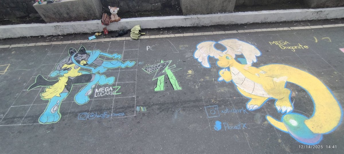 FloooofX's tweet photo. We're so back :3 
#chalkart with my pubby @wolfy_owoz  drawing the new mega pokemons from #PokemonLegendsZA https://t.co/HJA08gJRjb