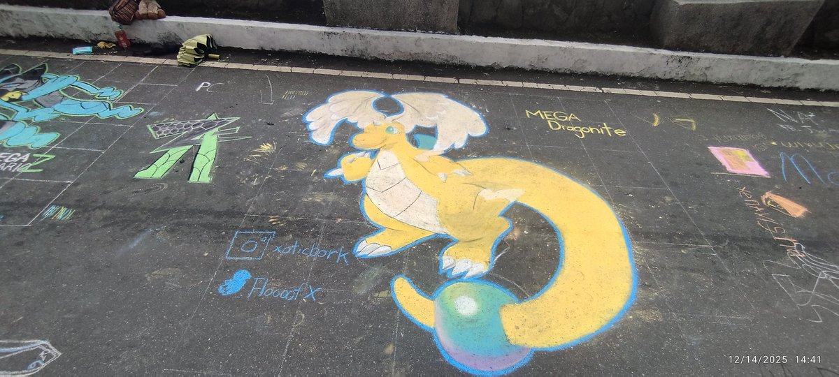 FloooofX's tweet photo. We're so back :3 
#chalkart with my pubby @wolfy_owoz  drawing the new mega pokemons from #PokemonLegendsZA https://t.co/HJA08gJRjb
