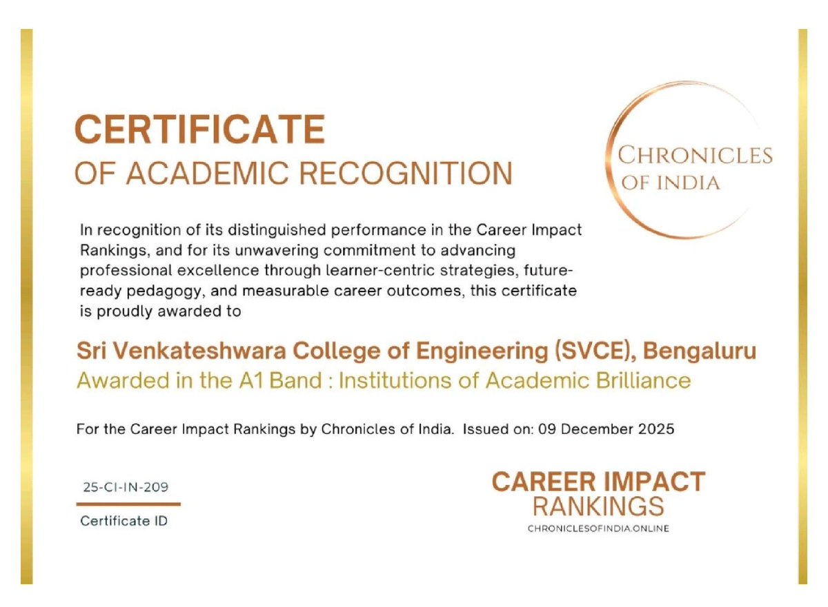 Grateful and proud to see our vision reflected as Sri Venkateshwara College of Engineering Autonomous, SVCE Bengaluru is awarded the A1 Band – Institutions of Academic Brilliance in Career Impact Rankings.